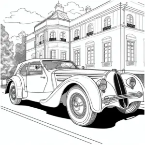 ausmalbild-klassisches-auto-vor-villa