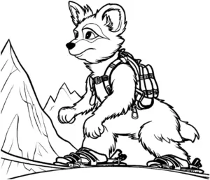 ausmalbild-kleiner-baer-auf-skiern-in-den-bergen