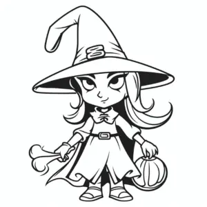 ausmalbild-kleines-hexenmaedchen-mit-kuerbis-und-knochen