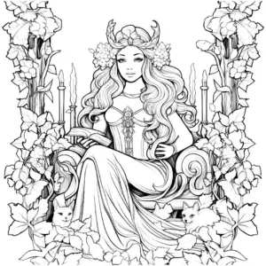 ausmalbild-koenigin-auf-thron-mit-pflanzen