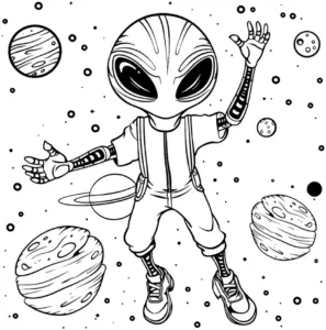 ausmalbild-kosmischer-ausserirdischer-mit-planeten