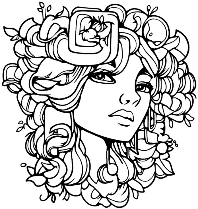 ausmalbild-kreative-frauenfigur-mit-blumenhaaren