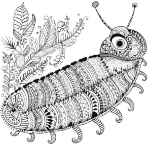 ausmalbild-kreative-raupe-mit-pflanzenmotiven