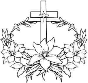 ausmalbild-kreuz-mit-lilien-und-blumenkranz