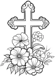 ausmalbild-kreuz-und-blumen-motiv