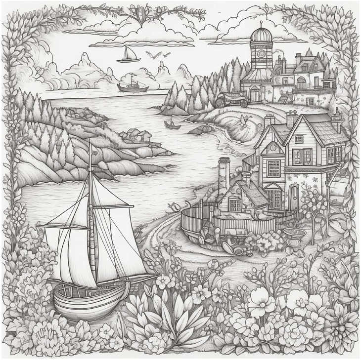 ausmalbild-kuestenlandschaft-mit-segelboot-und-haeusern
