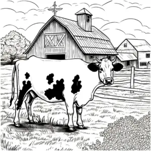 ausmalbild-kuh-auf-dem-bauernhof-mit-scheune