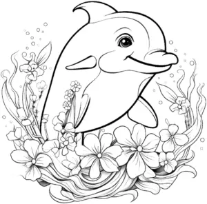 ausmalbild-laechelnder-delfin-mit-blumen-und-pflanzen