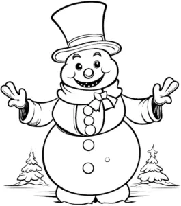 ausmalbild-laechelnder-schneemann-mit-zylinder-und-tannenbaeumen