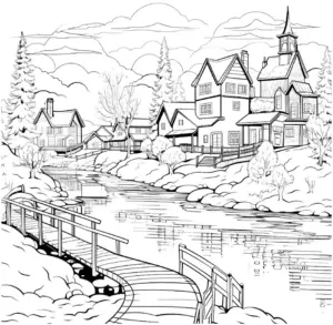 ausmalbild-laendliche-architektur-mit-naturansicht