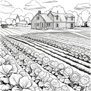 ausmalbild-laendliche-farm-mit-blumen-und-haeusern