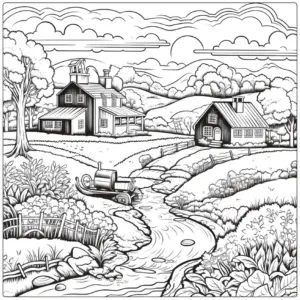 ausmalbild-laendliche-landschaft-mit-zwei-haeusern-und-bach