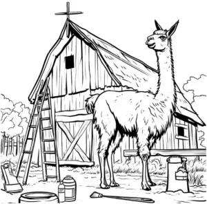 ausmalbild-lama-vor-bauernhof-mit-werkzeugen
