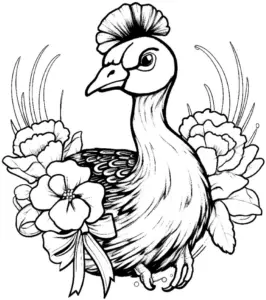 ausmalbild-lebendiger-pfau-mit-blumen