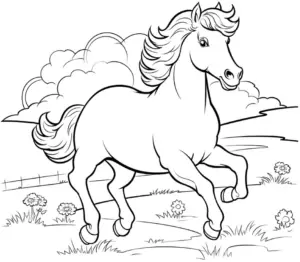 ausmalbild-lebhaftes-pferd-auf-wiese-mit-wolken