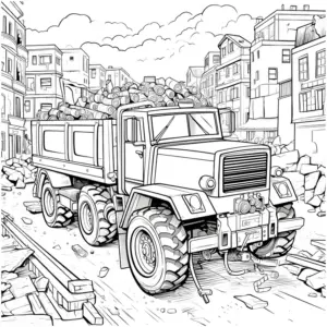 ausmalbild-lkw-mit-baumstaemmen-auf-baustelle