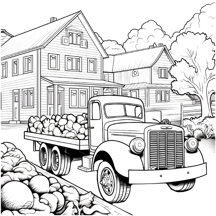 ausmalbild-lkw-mit-gemueseladung-und-haeusern