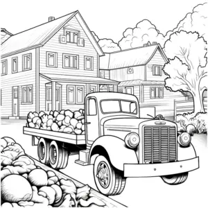 ausmalbild-lkw-mit-gemueselast-vor-haeusern