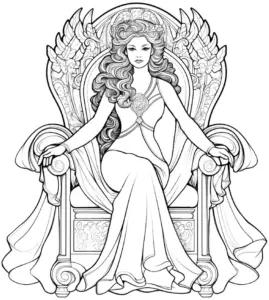 ausmalbild-maechtige-koenigin-auf-prunkvollem-thron