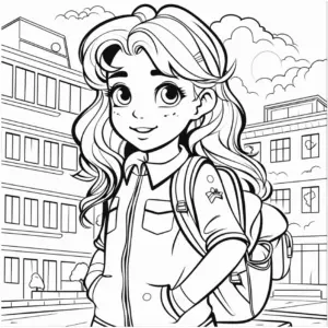 ausmalbild-maedchen-in-der-schule-mit-gebaeuden