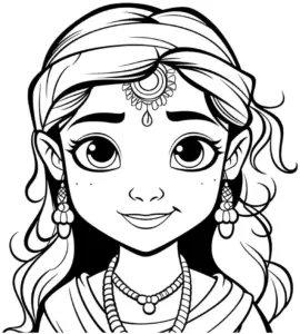 ausmalbild-mädchen-mit-traditioneller-indischer-kleidung-und-schmuck