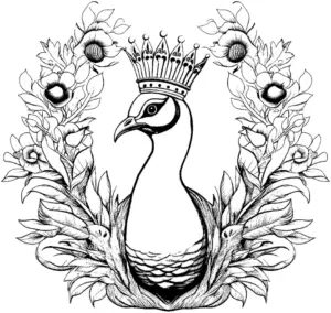 ausmalbild-majestaetischer-pfau-mit-krone-und-blumen