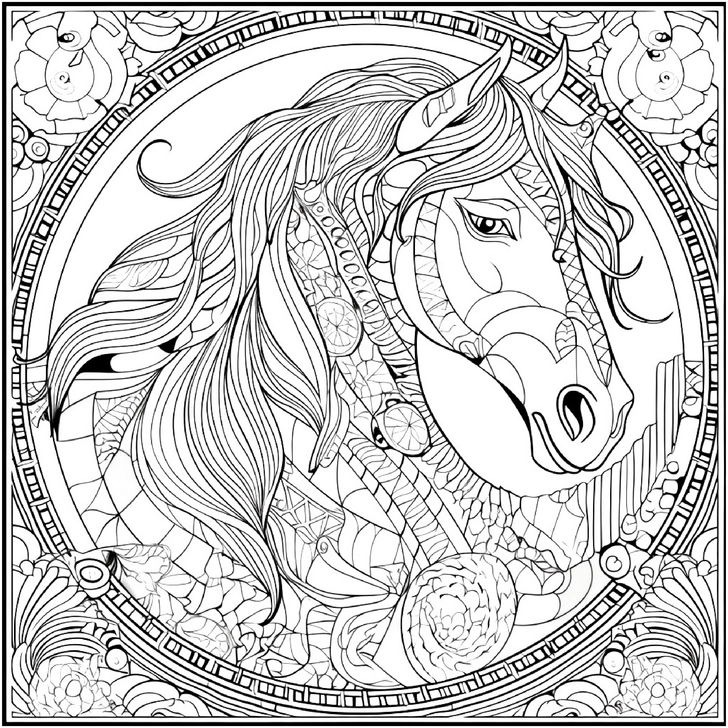 ausmalbild-majestaetisches-pferd-im-kunstvollen-rahmen