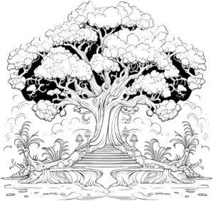 ausmalbild-majestetischer-baum-mit-vegetation