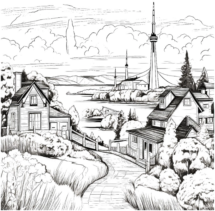 ausmalbild-malerische-landschaft-mit-haeusern-und-turm