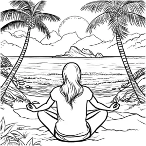 ausmalbild-meditierende-am-strand-mit-palmen