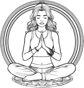 ausmalbild-meditierende-frau-im-lotus-sitz-mit-kreisfoermigem-muster