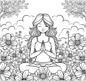ausmalbild-meditierende-person-blumen-baeume-natur