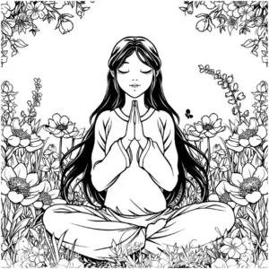 ausmalbild-meditierende-person-in-blumenlandschaft
