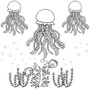 ausmalbild-meeresqualle-und-fische-im-korallenriff