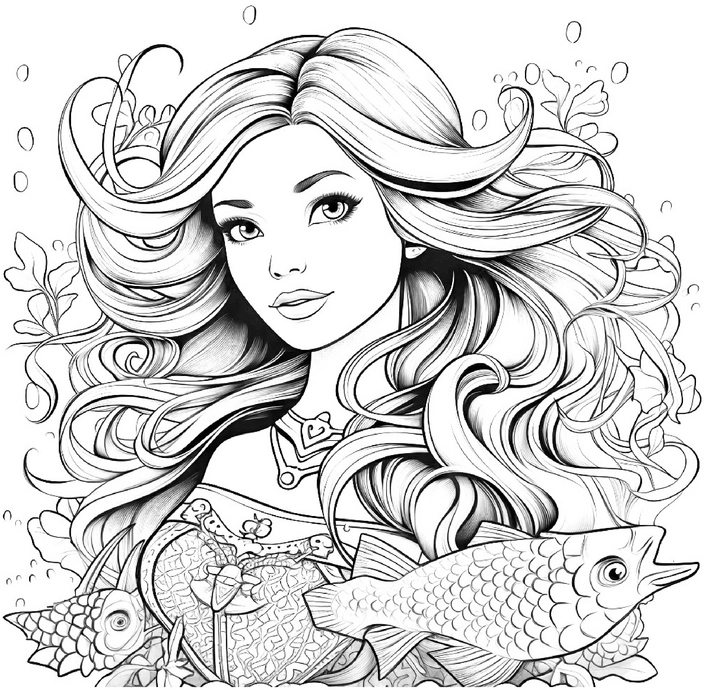 ausmalbild-meerjungfrau-mit-fischen-im-unterwasserreich