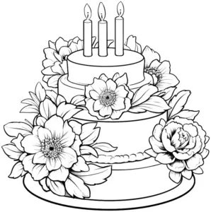 ausmalbild-mehrstoekige-torte-mit-blumen-und-kerzen