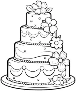 ausmalbild-mehrstoekiger-kuchen-mit-blumen-und-perlen