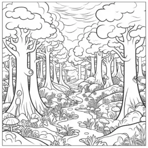 ausmalbild-mit-baeumen-und-bach-im-wald