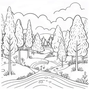 ausmalbild-mit-baeumen-und-fluss-in-der-natur