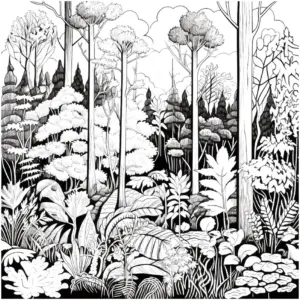 ausmalbild-mit-baeumen-und-pflanzen-im-wald