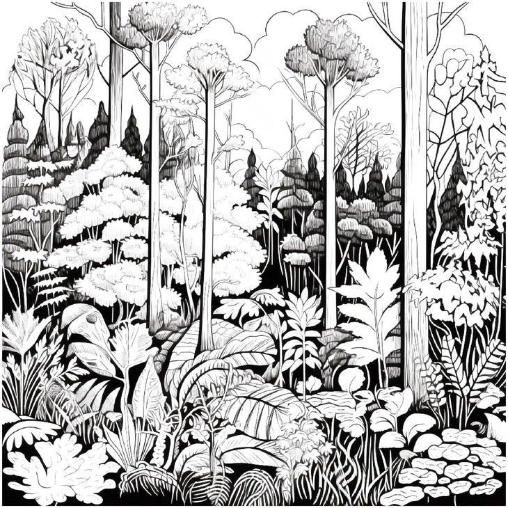Ausmalbild Waldlandschaft mit hohen Bäumen und verschiedenen Pflanzen