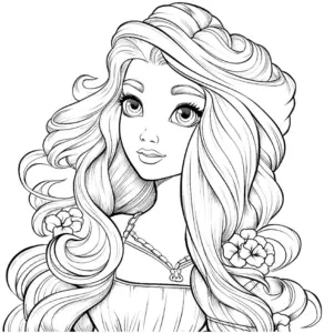 ausmalbild-mit-blumen-umrahmter-figur-mit-langen-haaren