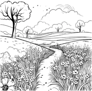 ausmalbild-mit-blumen-und-weg-in-der-landschaft