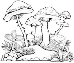 ausmalbild-mit-bunten-pilzen-und-pflanzenlandschaft