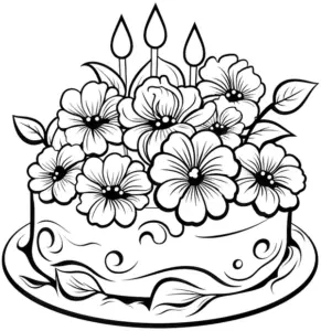 ausmalbild-mit-bunter-blumentorte-und-kerzen