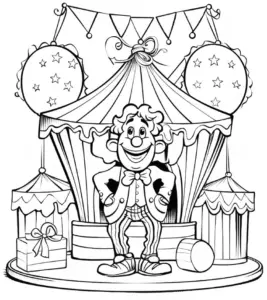 ausmalbild-mit-clown-vor-zirkuszelt-und-ballons