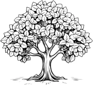 ausmalbild-mit-detailreichem-laubbaum-und-blaettern