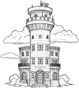 ausmalbild-mit-einem-detaillierten-turm-und-wolken