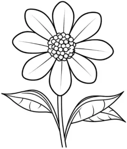 ausmalbild-mit-einfacher-blume-und-gruenen-blaettern