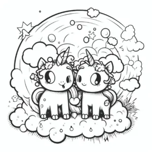 ausmalbild-mit-einhoern-in-wolken